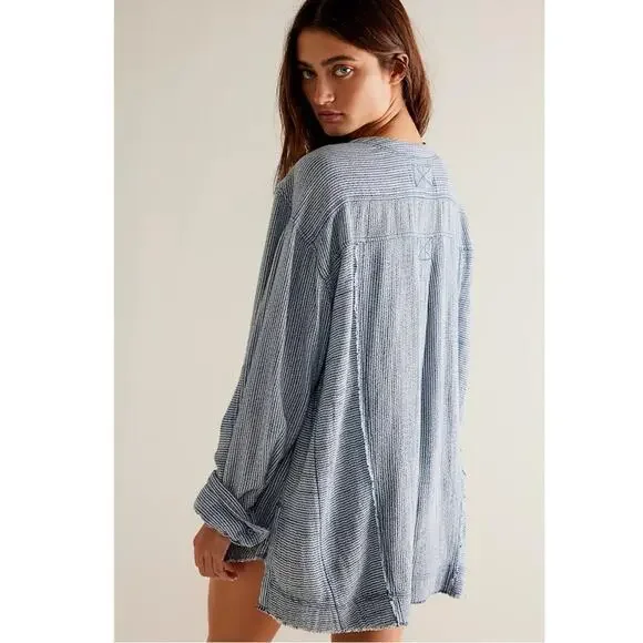 Free People Bohemian By The Shore Tunic Shirt Indigo Stripe Medium Coastal